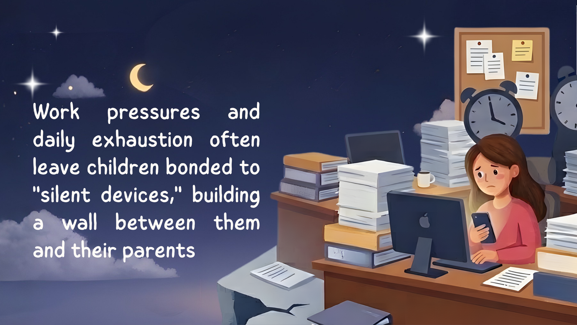 An illustration of a young woman sitting at her cluttered desk, looking distressed while checking her phone, with stacks of papers and office supplies around her. The background shows a night sky with clouds, stars, and a crescent moon.