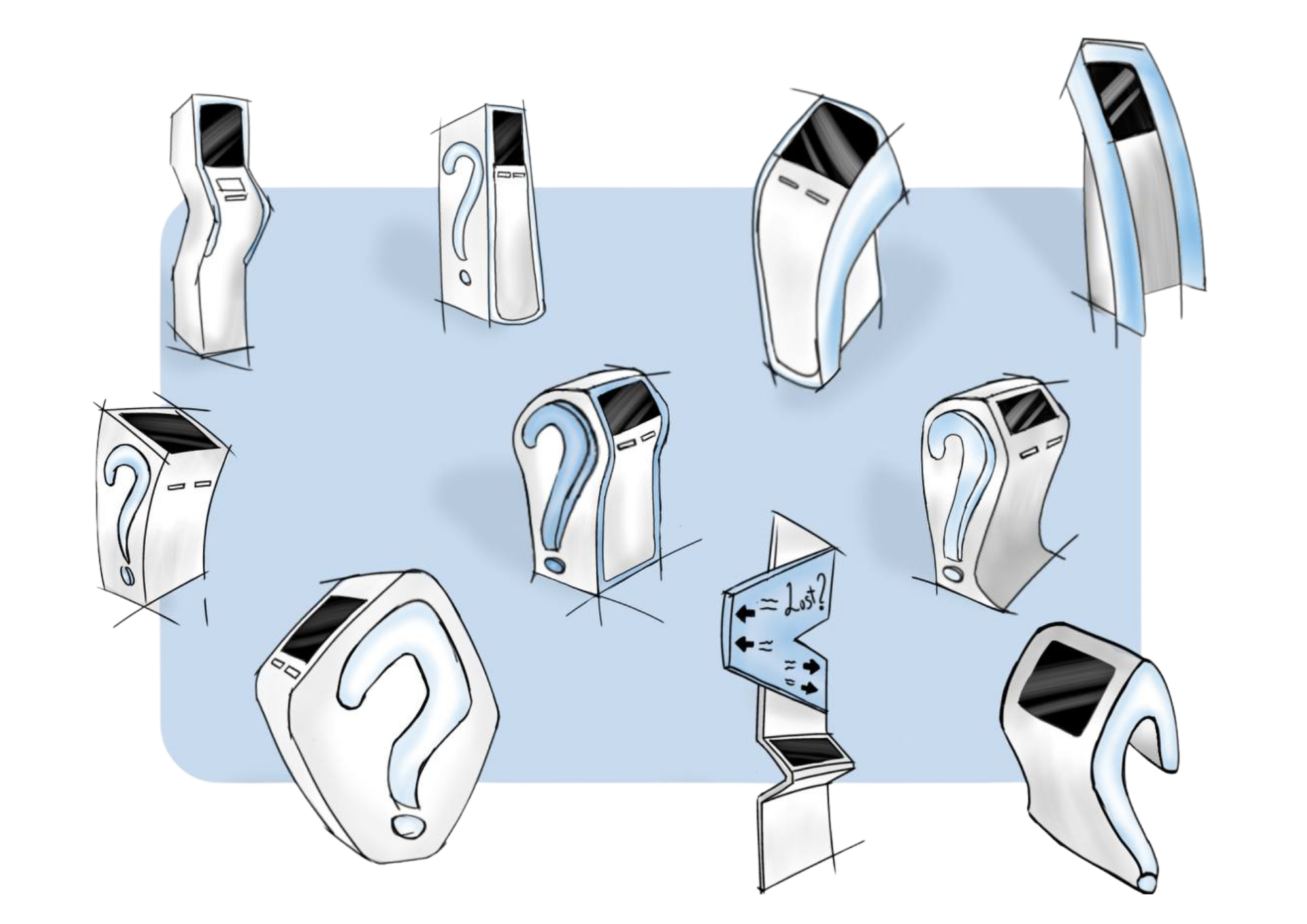 Illustration of multiple large white question mark shapes with black screens behind them, scattered across the image, with a small black sign with white text and arrows pointing in different directions.