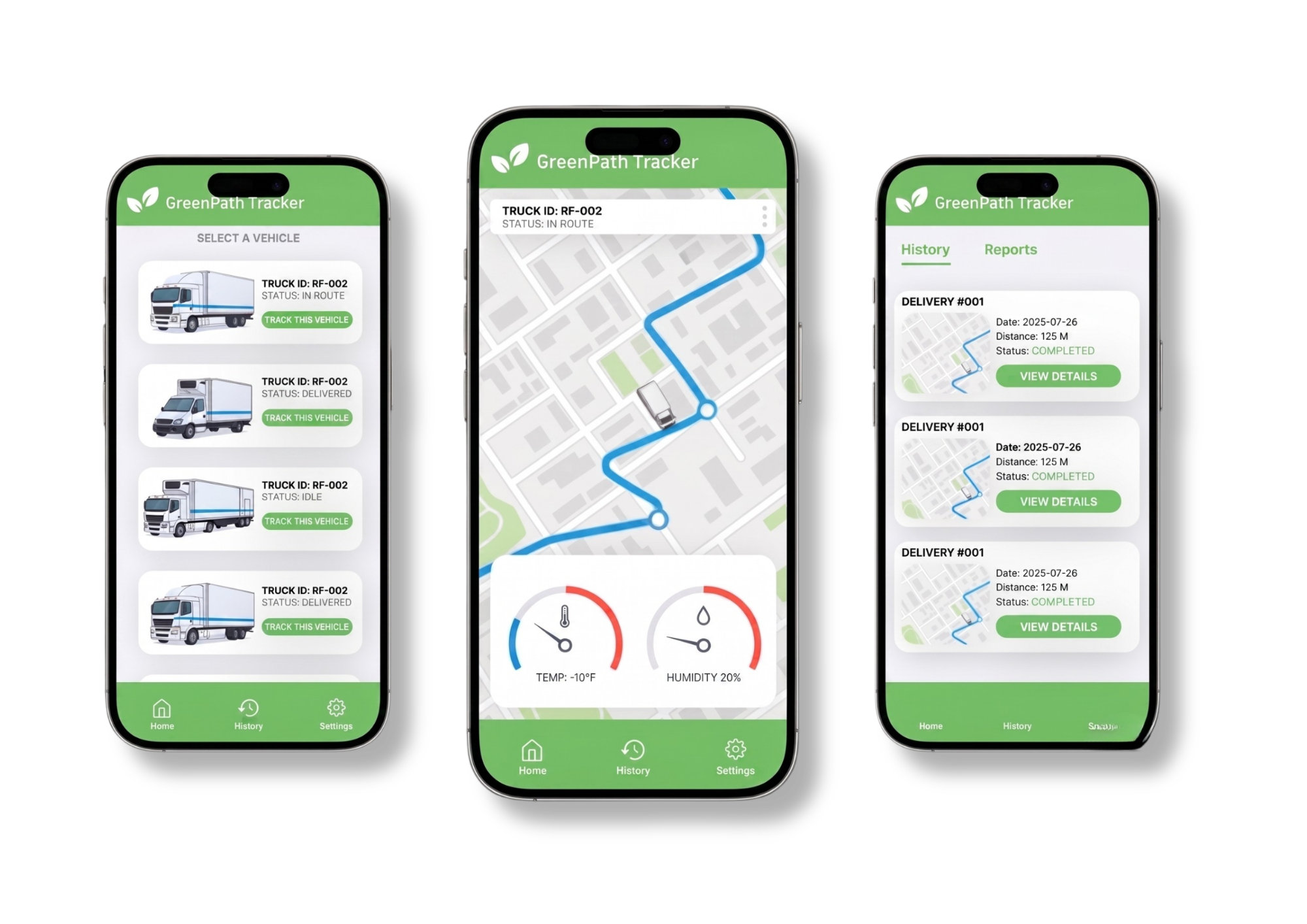 Mockup of a mobile app interface called GreenPath Tracker displaying vehicle tracking, map routes, and environmental data on three smartphones.