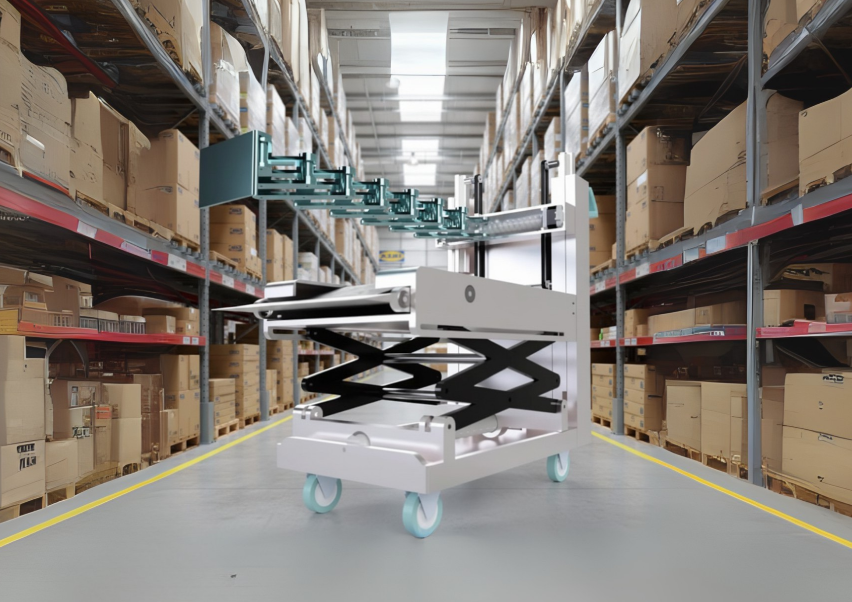 A warehouse aisle with industrial shelving filled with boxes and a blue cart on a scissor lift.
