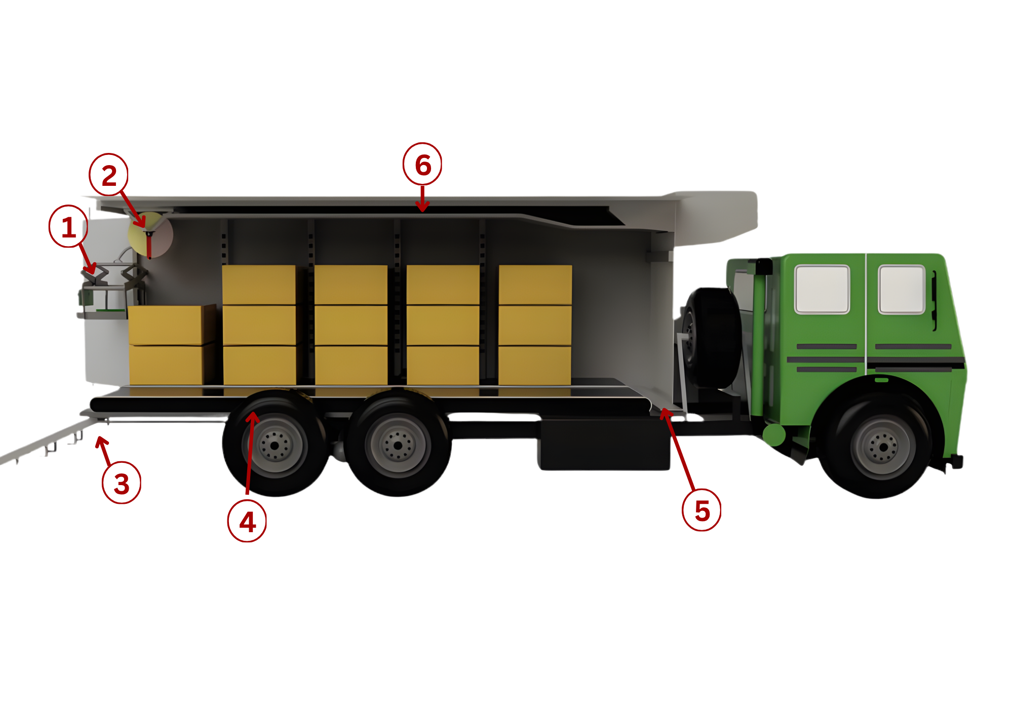 Model of a semi-trailer truck with its cargo area open, showing stacked yellow boxes inside. The truck features a green cab, black wheels, and red top and side accents.
