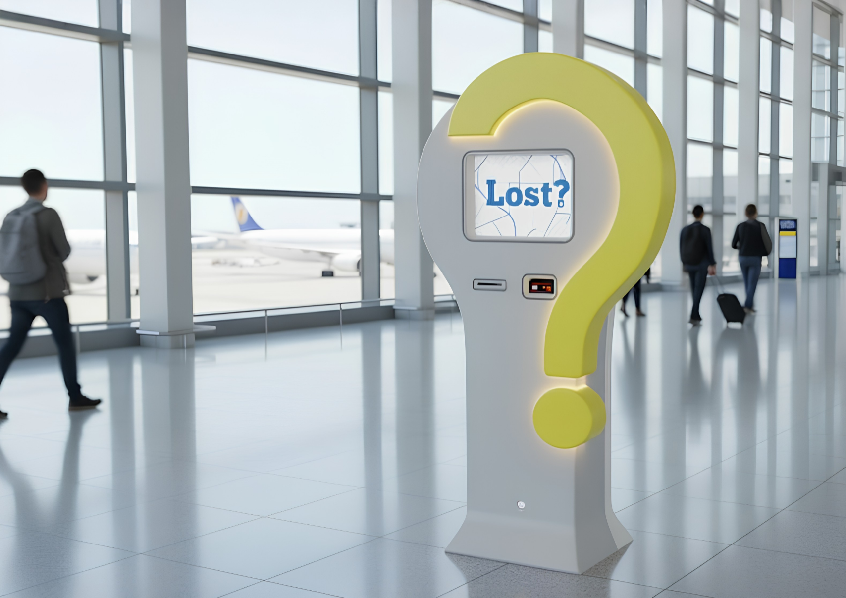 Airport terminal with a large digital sign displaying the word 'Lost?' inside a modern building with large windows. People are walking in the background, and an airplane is visible outside.