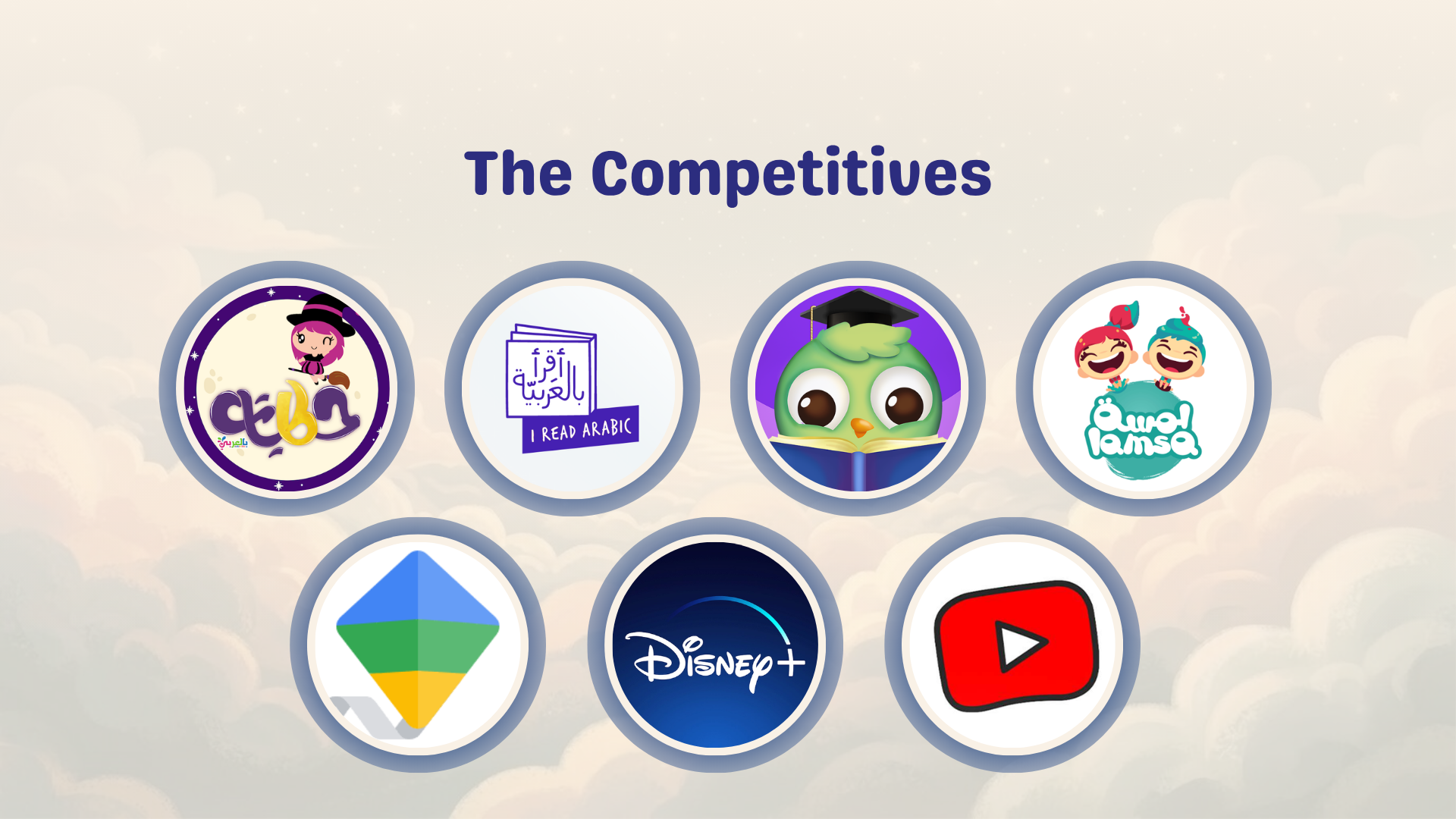 Screenshot of top row of an app menu titled 'The Competitives' with icons for educational and entertainment apps, including Arabic language learning, reading, a green bird with a graduation cap, animated children laughing, Google Earth, Disney Plus, and YouTube.