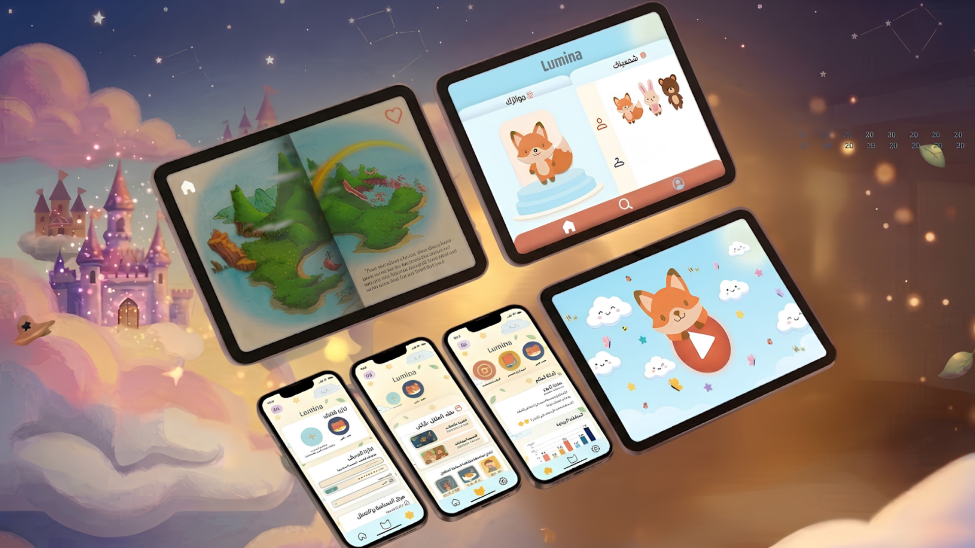 Multiple smartphones displaying children’s educational and game app interfaces with cartoon animal illustrations against a fantasy sky background featuring castles, clouds, and stars.