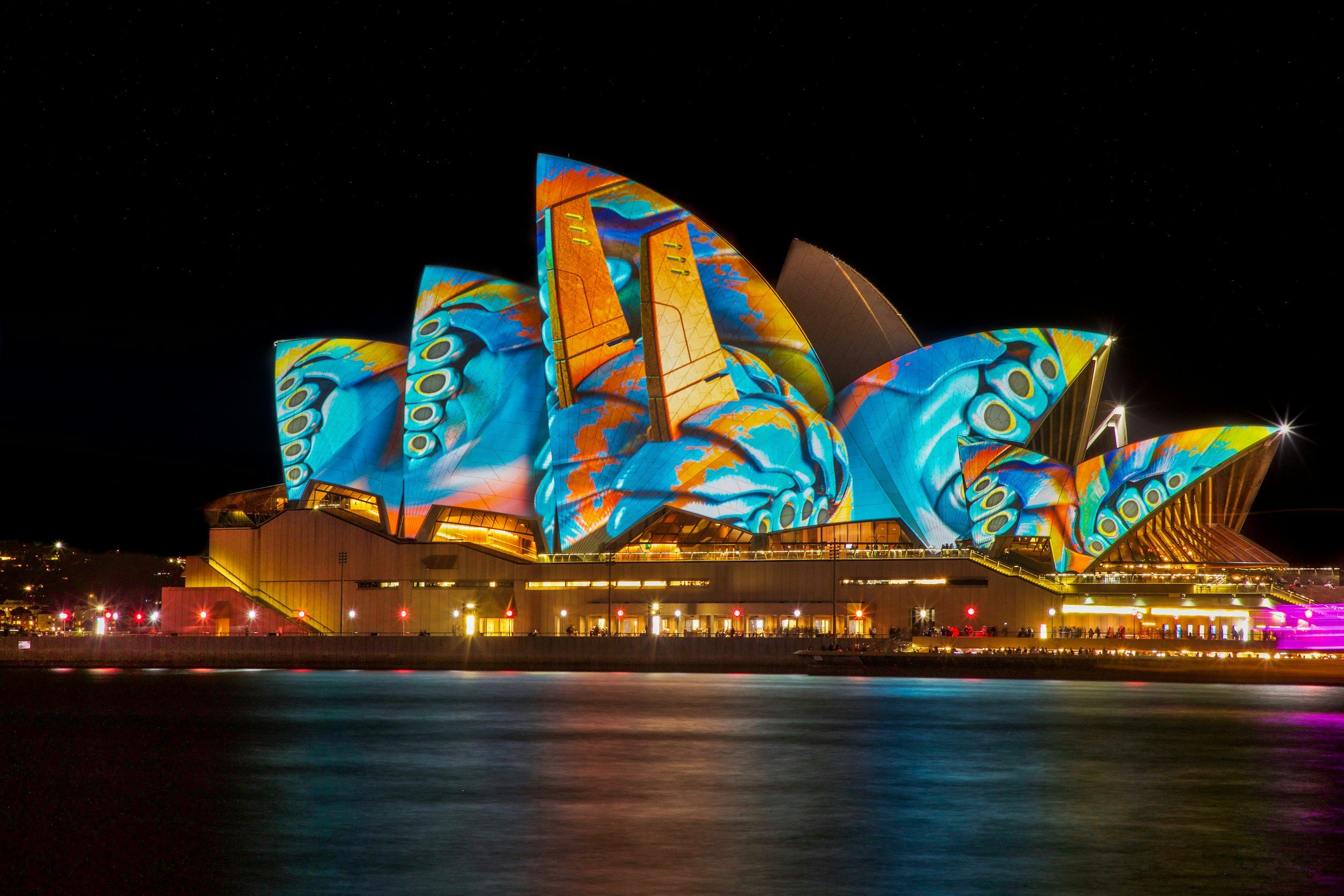 Night view of the Sydney Opera House with its roof illuminated by colorful projection art, reflecting on the water below.