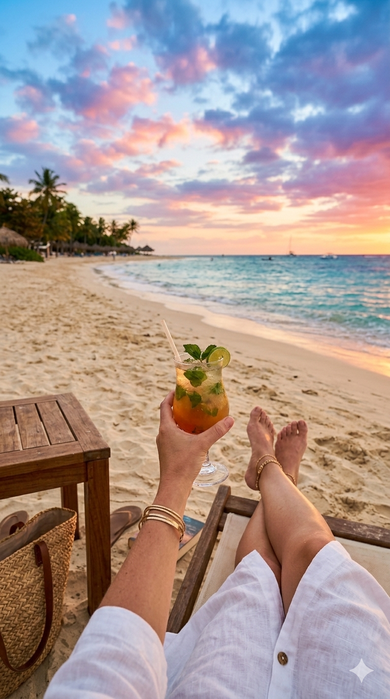 Person relaxing on a lounge chair on a sandy beach at sunset, holding a colorful cocktail with mint and lime, with palm trees and boats in the distance.