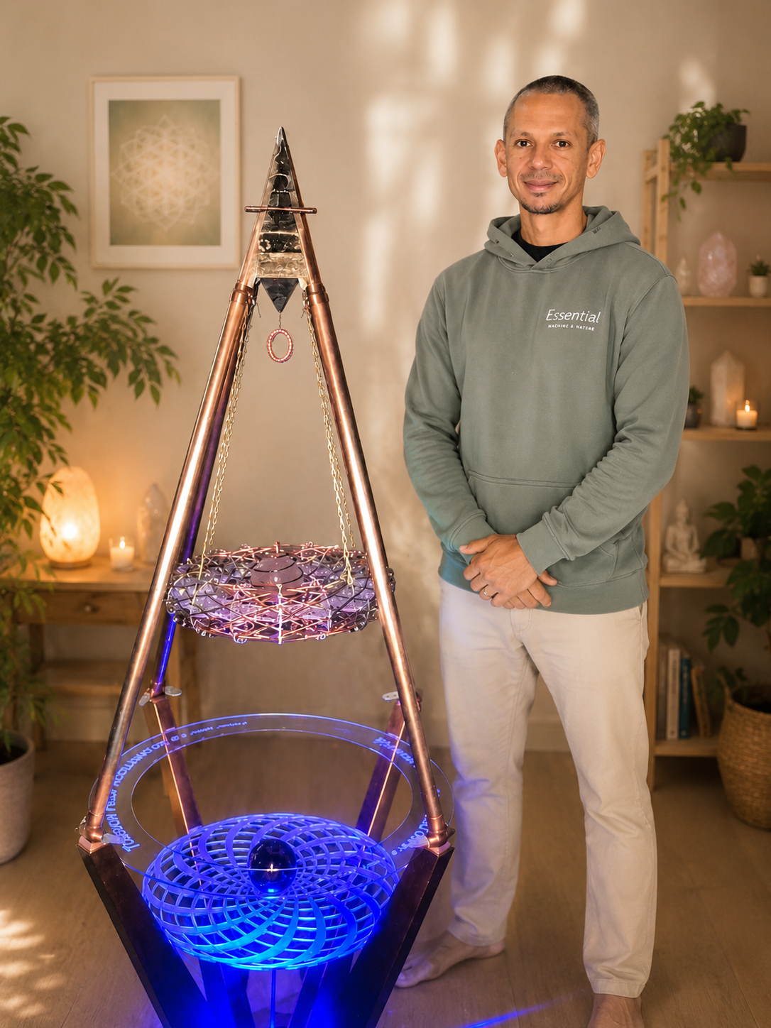 A man standing beside a futuristic, illuminated tetrahedral pyramid-shaped device with glowing elements in a cozy, decorated room with plants, candles, and framed art.