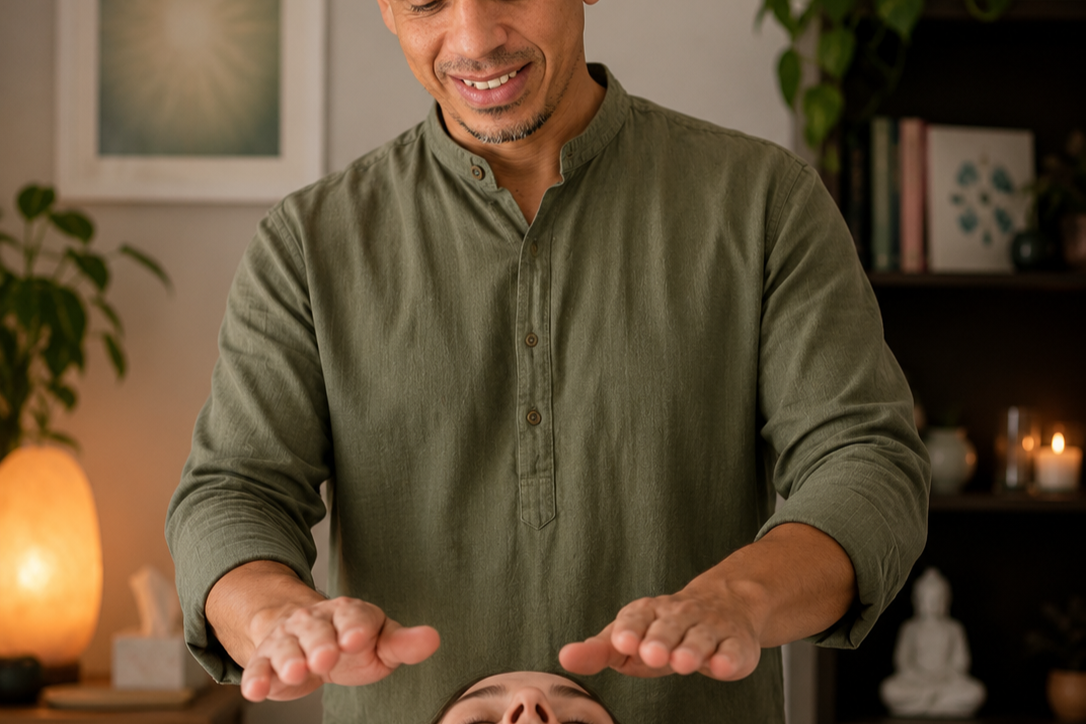 A man giving a Reiki healing treatment to a person lying down with their face visible, in a calming room with candles, plants, and decor.