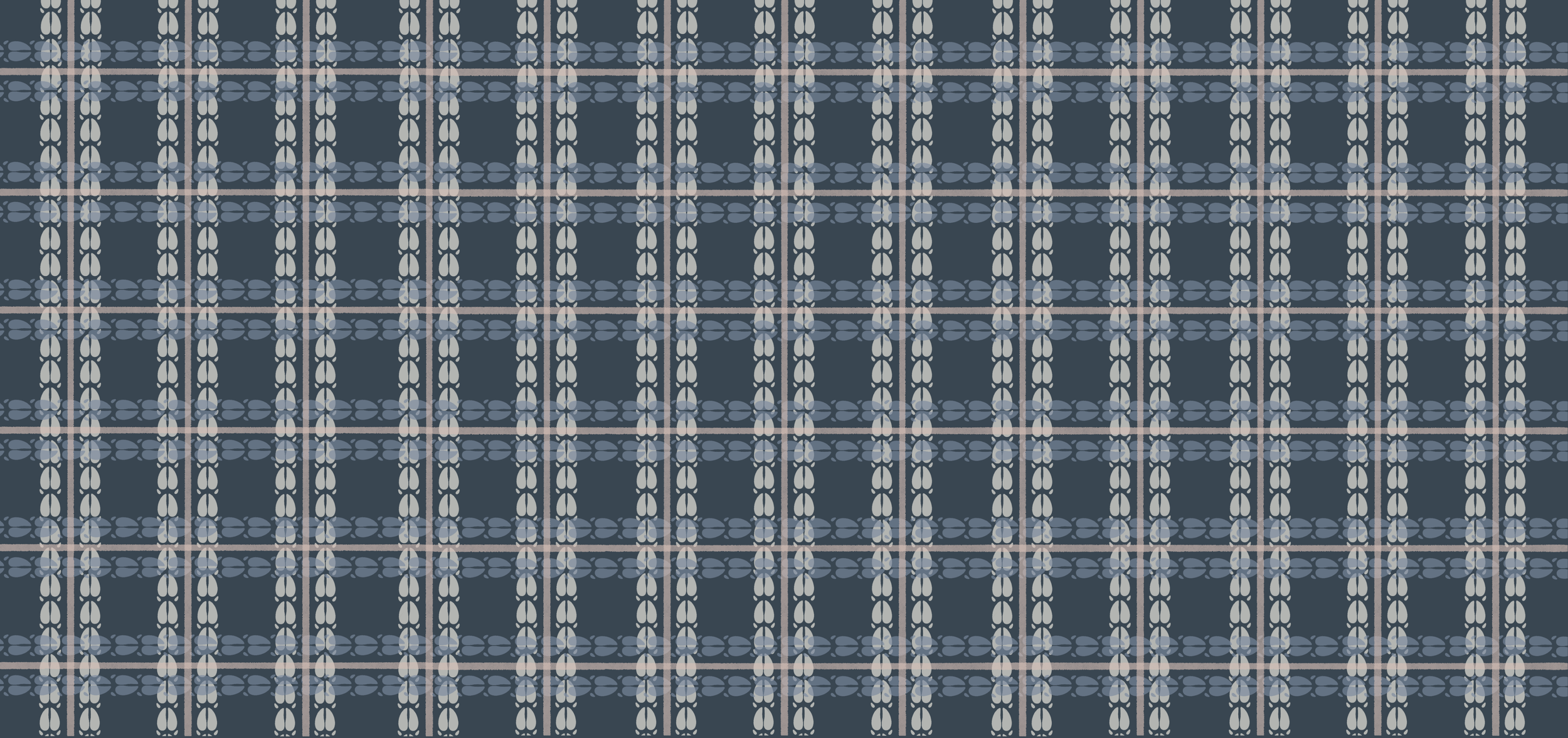 Pattern of interwoven lines and shapes in shades of blue, beige, and white creating a geometric design.