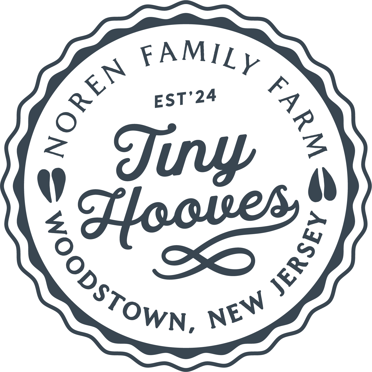 A circular vintage-style logo for The Noren Family Farm Tiny Hooves baby animals.