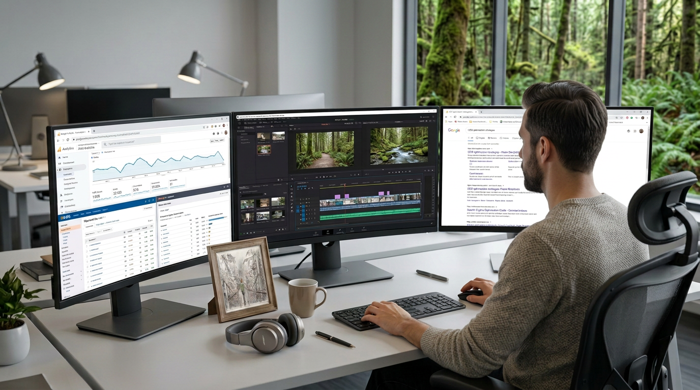 Man working at a desk with three computer monitors displaying data analysis, video editing, and web search, in an office with large window and forest view.