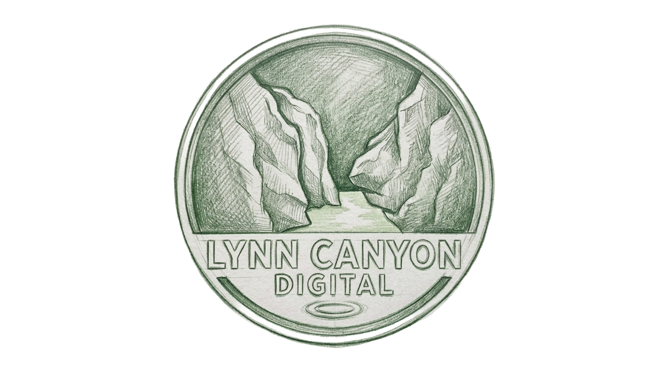 A circular logo depicting a canyon with cliffs and a river, with the text "Lynn Canyon Digital" below the image.