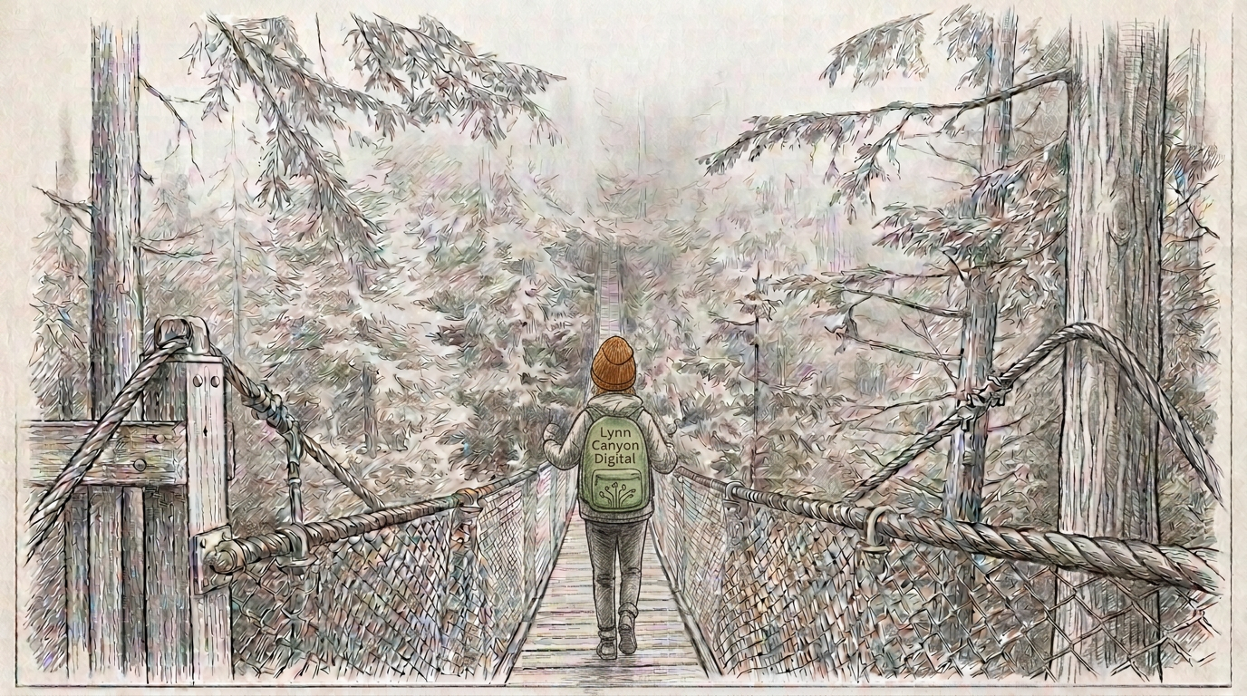 A person walking on a suspension bridge through a forest of tall trees with a backpack that says 'Lynn Canyon Digital.'