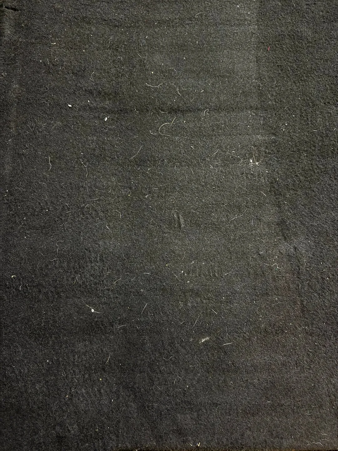 A close-up of a black foam surface with some small fibers and dust particles scattered across it.