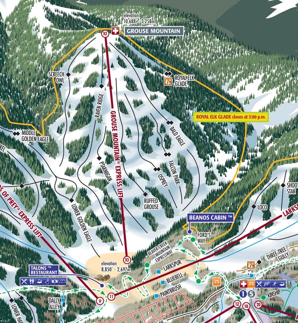 A segment of a Beaver Creek Resort trail map showing Grouse Mountain