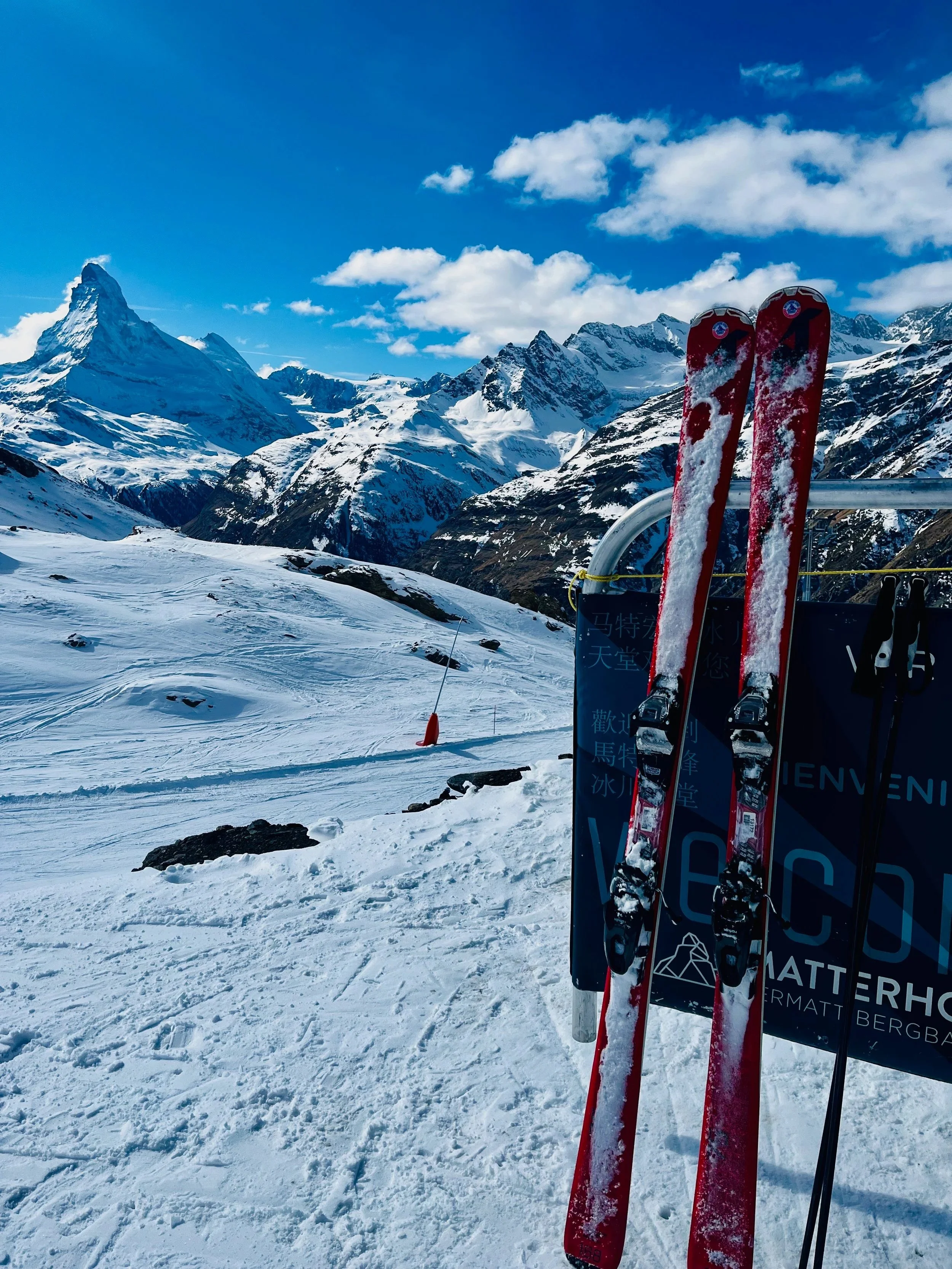 Skis and Matterhorn View in Zermatt Ski Resort, Switzerland