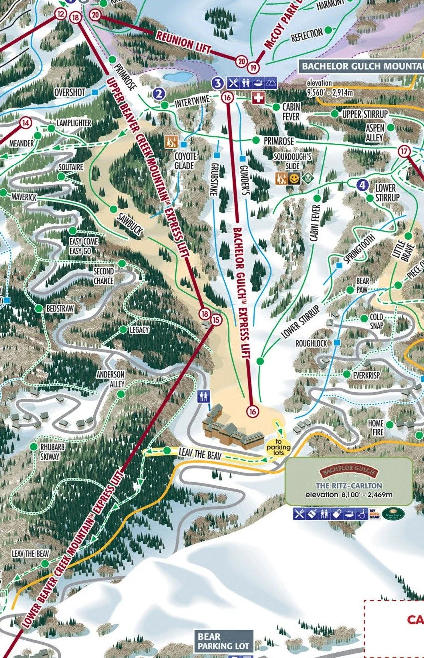 Segment of a Beaver Creek Resort trail map showing the Bachelor Gulch area