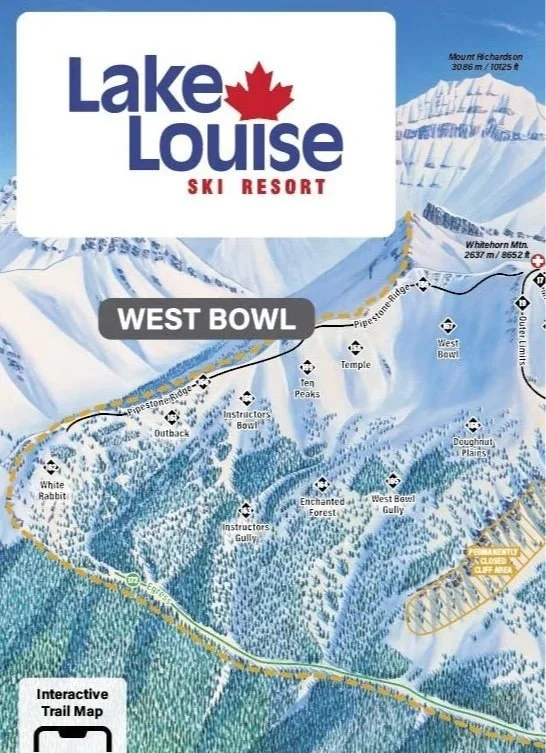 Segment of Lake Louise Ski Resort Trail Map showing West Bowl terrain