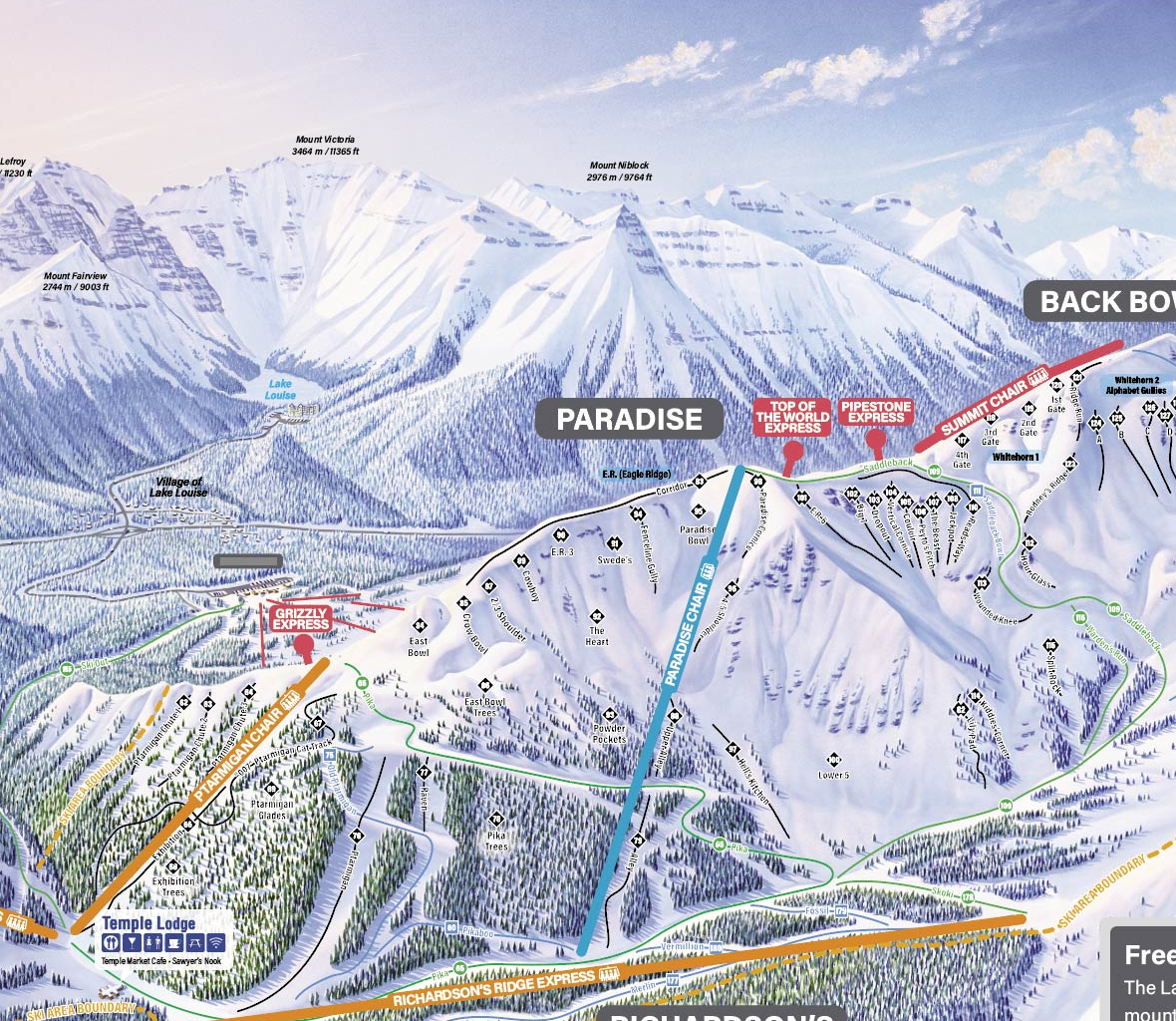 Segment of Lake Louise Ski Resort trail map showing Paradise terrain