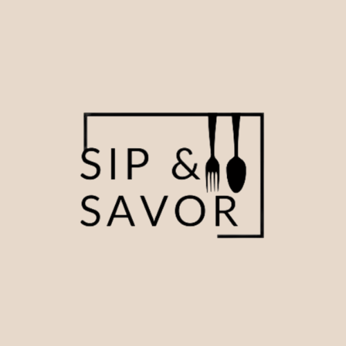 Logo with the text 'SIP & SAVOR' and a fork and spoon hanging inside a square border.