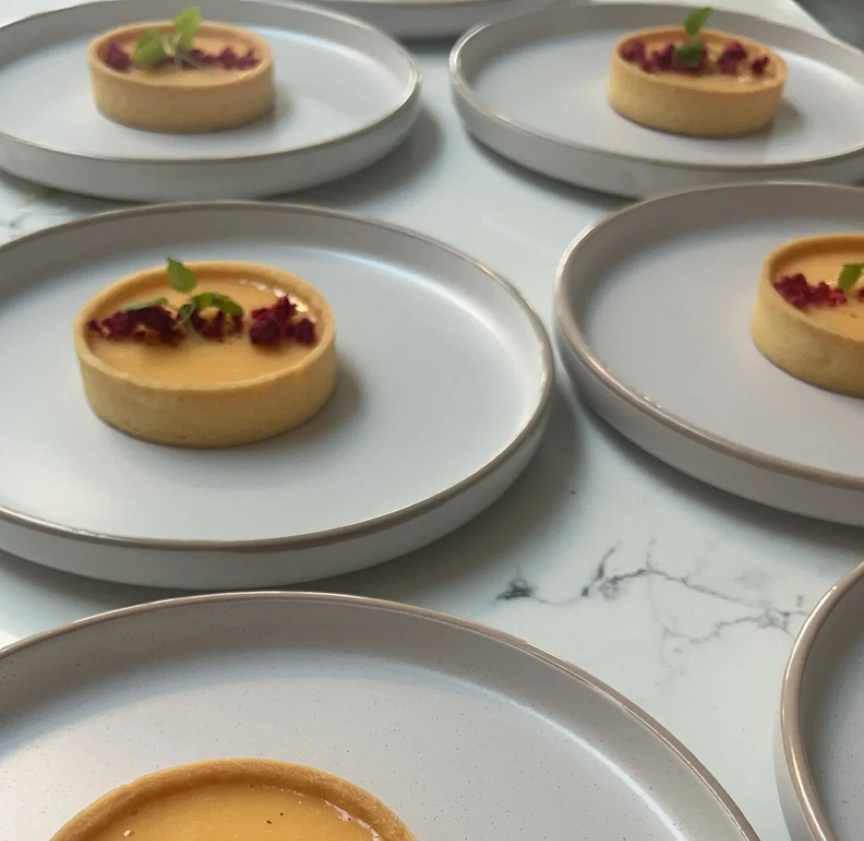 Multiple small circular desserts on white plates, garnished with green leaves and red toppings, arranged on a marble surface.