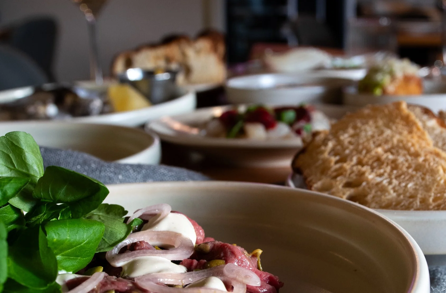 Various dishes on a table, including salads, bread, and desserts, with a focus on a salad with greens, onions, and sliced meat in the foreground.