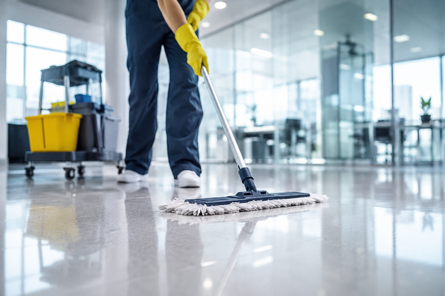A janitor sweeping the floor with a flat mop in a modern office building with glass walls and large windows, cleaning supplies on a cart in the background.