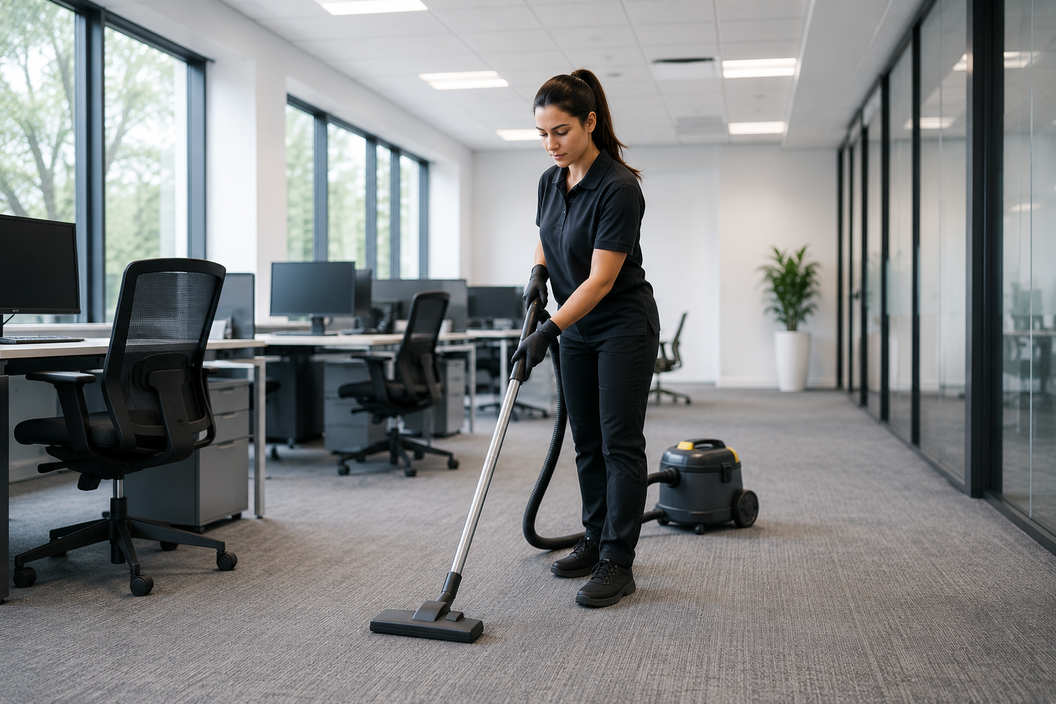 A woman in black uniform and gloves vacuuming carpet in an office space with empty desks and large windows.