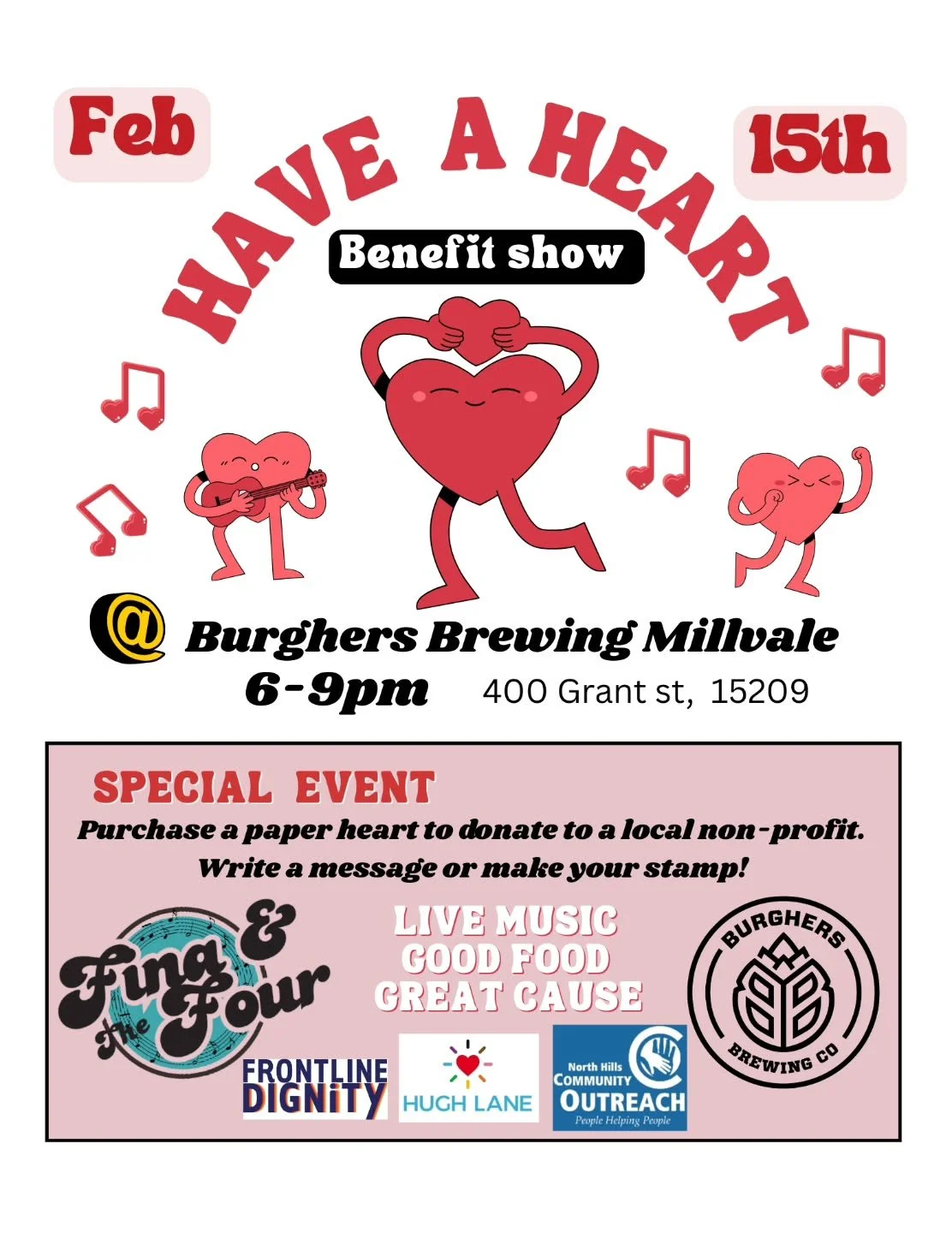 Our next gig is a benefit show @burghersbrewingpgh to support local non-profits!!

Let's do something different for valentines day. 
Don't give your money to big businesses on the commercial bullshit. 
Come listen to good music,  eat good food, and d