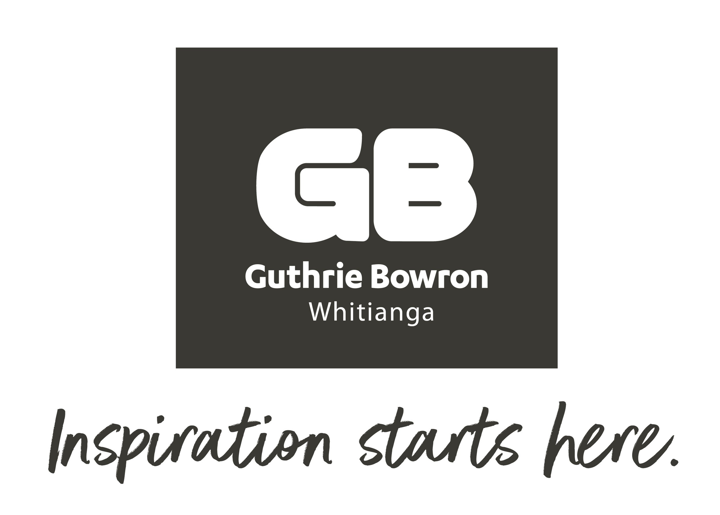 A graphic with large white initials 'C' and 'B' on a black background, and the name 'Guthrie Bowron' with locations 'Whitianga' and a section encouraging starting inspiration here.