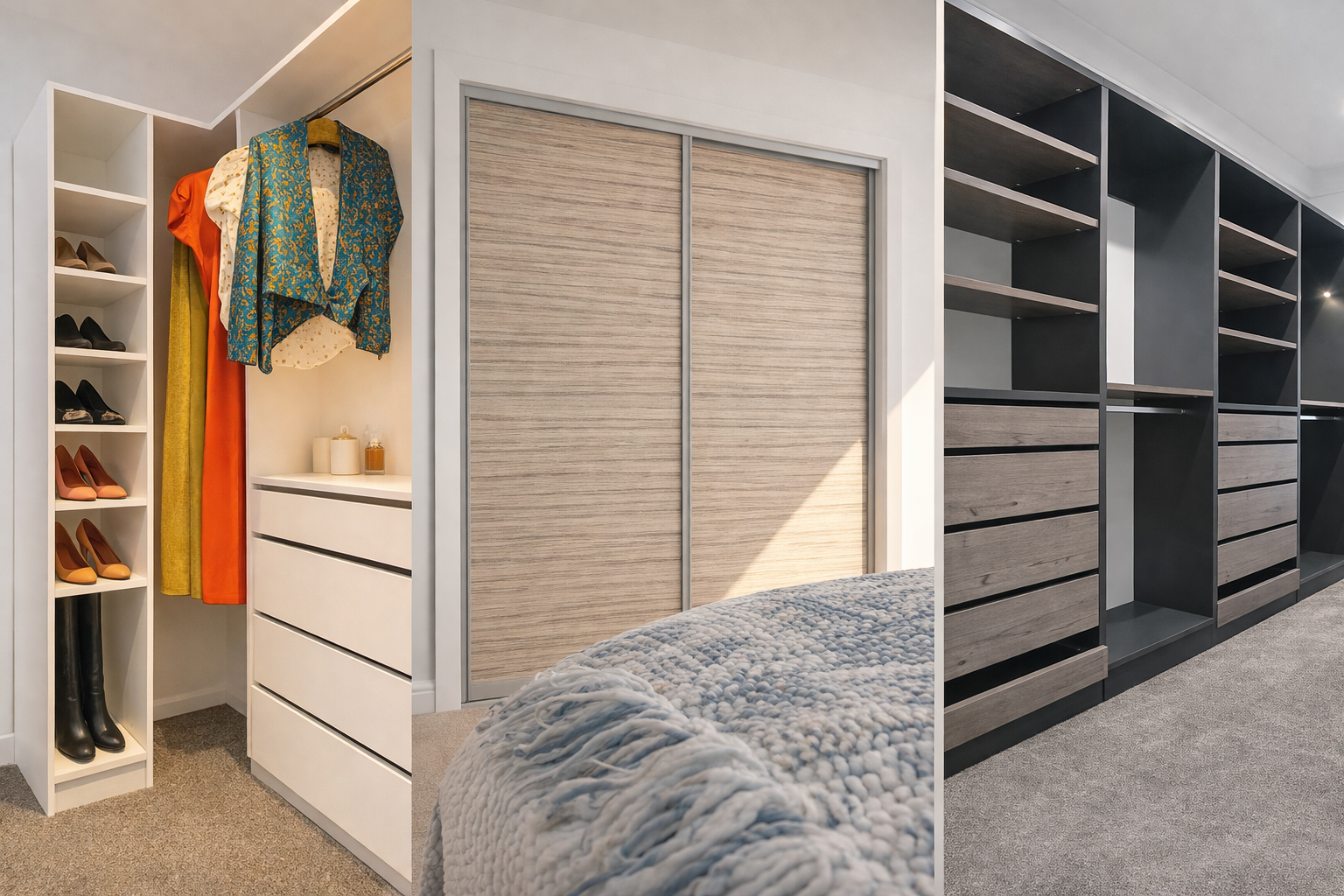 Split view of a walk-in closet with organized shelving, shoe displays, and clothing storage. The left side shows shoes on vertical shelves and hanging clothes, the middle reveals sliding closet doors with a textured wood finish, and the right side features open shelves and drawers in a modern, minimal design.