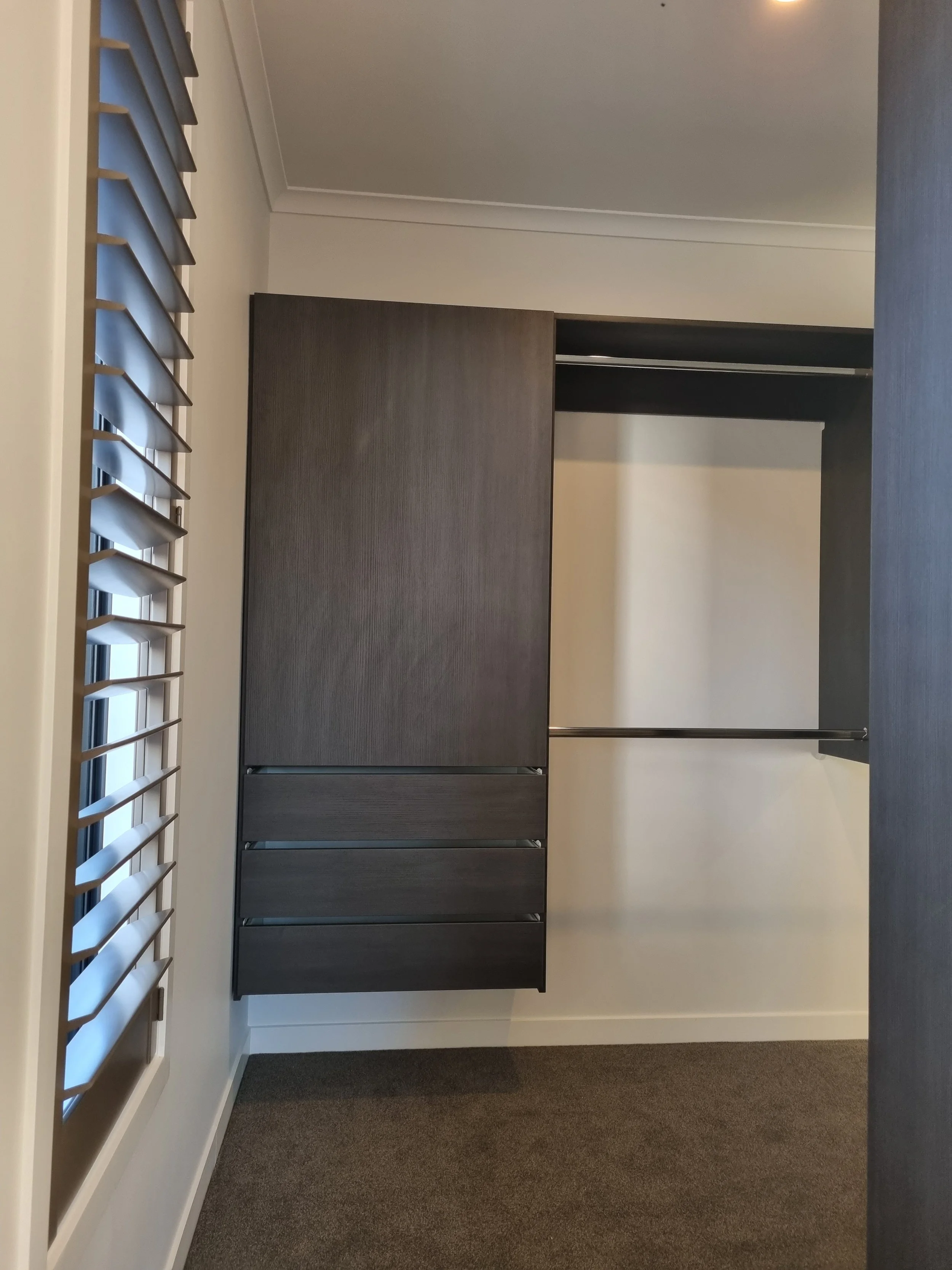 Modern closet with dark wood cabinets and a rod for hanging clothes, white walls, a gray carpet, and a window with white blinds.