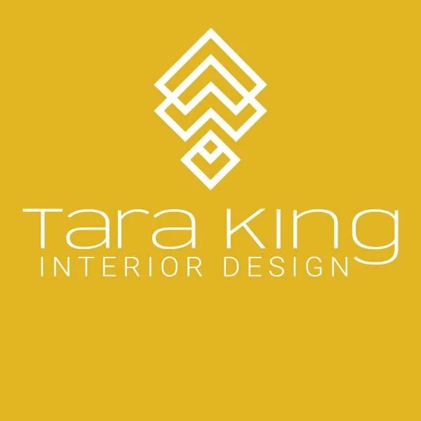Logo for Tara King Interior Design with a geometric gold emblem and white text on a gold background.