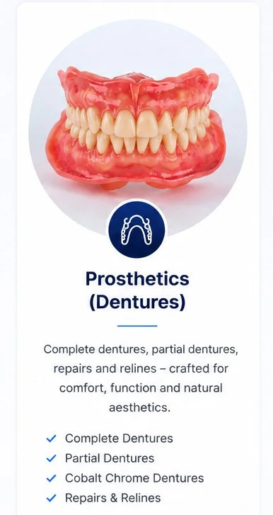A digital advertisement for prosthetics (dentures) with an illustration of a denture and a list of services including complete dentures, partial dentures, repairs, and relines.