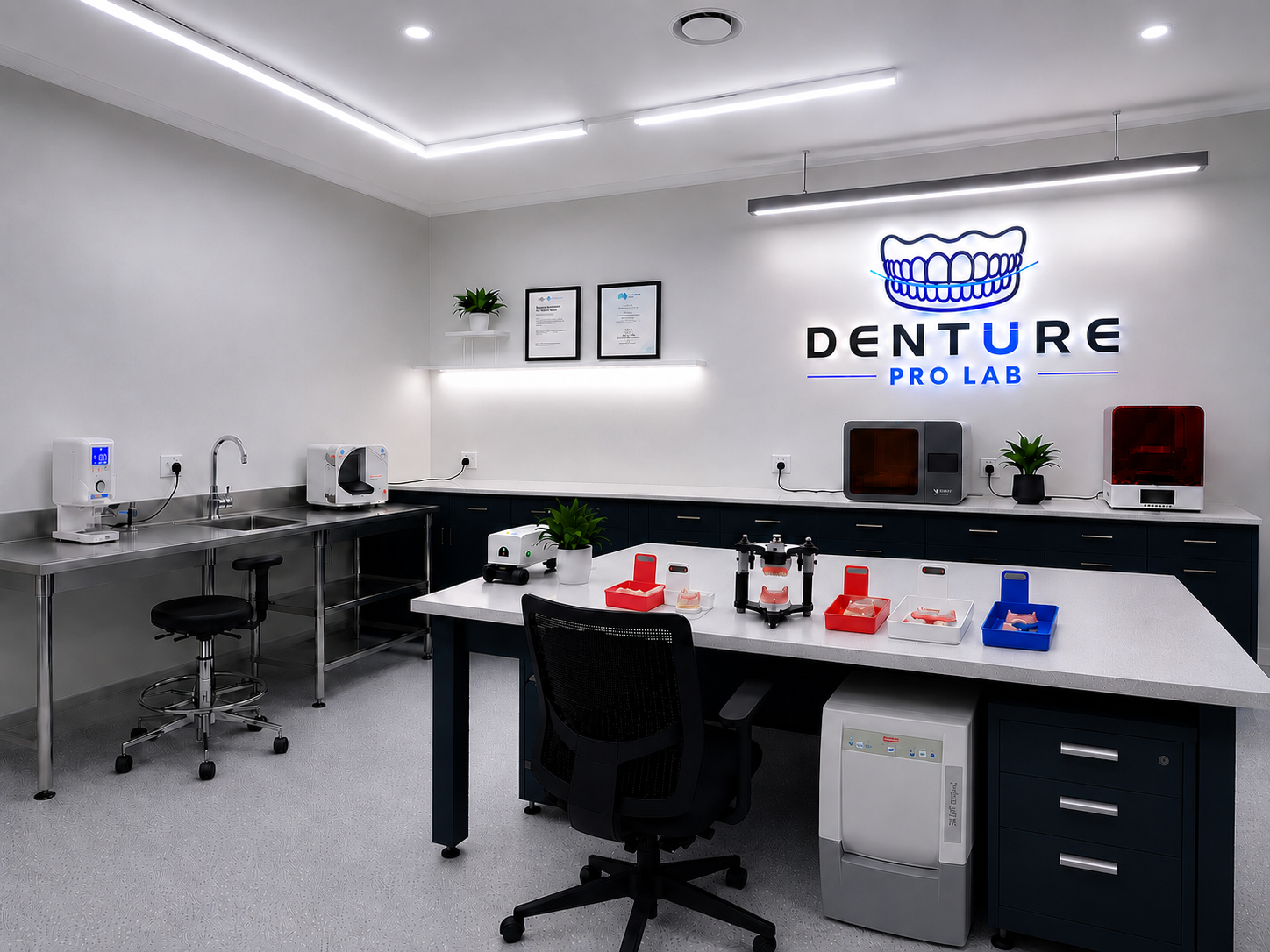 A dental laboratory with various dental tools and equipment on counters, plants, certificates on the wall, and a illuminated sign that reads 'Denture Pro Lab' with a graphic of a smile and dentures.