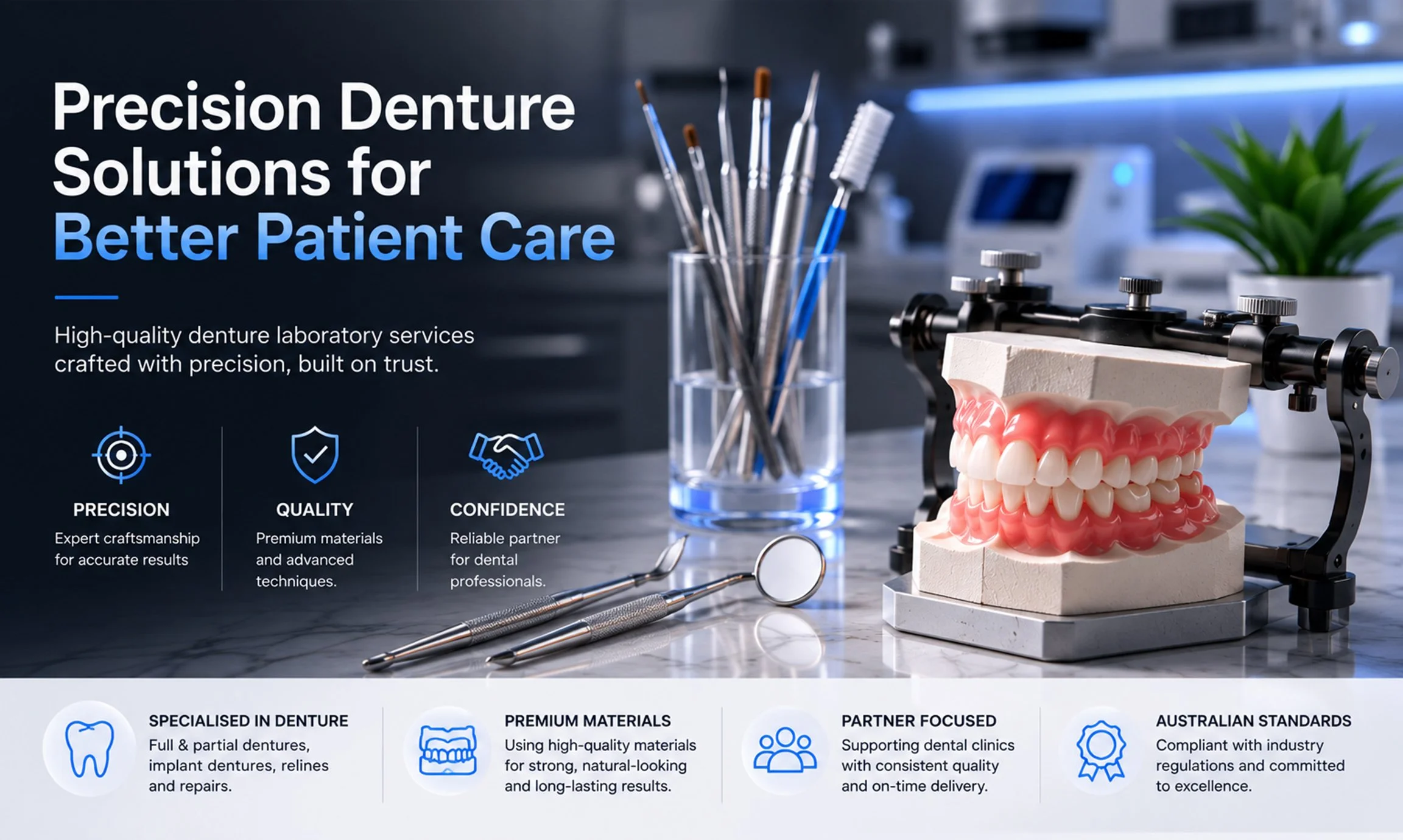 A dental clinic promotional image showcasing precision denture solutions, with dental tools, a denture model, and text highlighting high-quality services, expert craftsmanship, and reliable partner support in dental care.