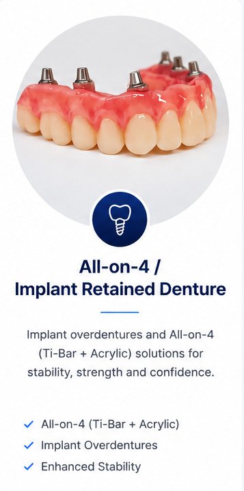 A dental implant overdenture with a pink acrylic base and metal abutments, displayed on a white background.