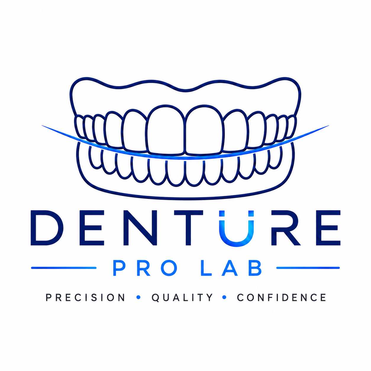 Logo for Denture Pro Lab featuring a stylized outline of a set of teeth with the word 'Denture' and 'Pro Lab' beneath, emphasizing precision, quality, and confidence.