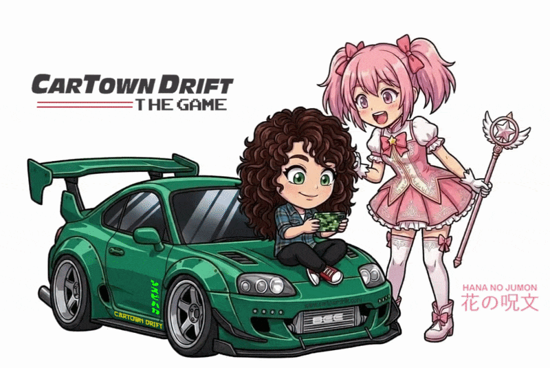 L Bee with mobile gaming with HANA NO JUMON 花の呪文 . An anime character from a show in CarTown DRIFT : The Movie
