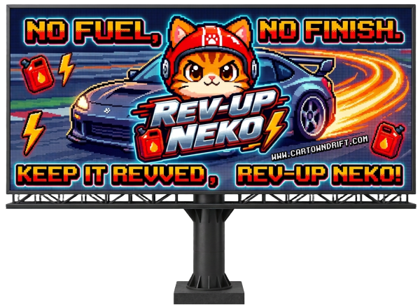 "REV-UP NEKO" and "NO FUEL, NO FINISH"      In CarTown DRIFT ‘REV-UP NEKO’ is the fuel, depot travel stations and energy drinks used in the upcoming game and animated movies. REV-UP NEKO CAT (the corporate mascot of REV-UP NEKO) #revupneko #revupcat