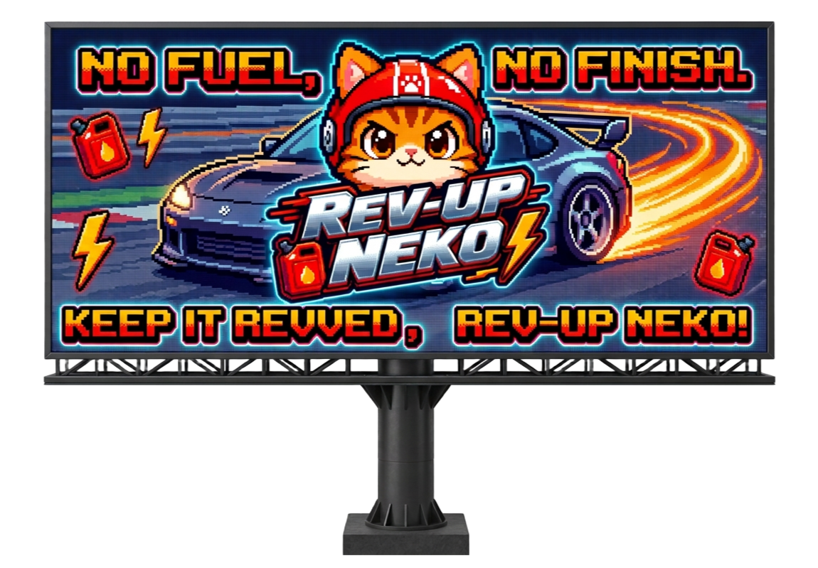 NO FUEL, NO FINISH! REV-UP NEKO! ** KEEP IT REVVED, REV-UP NEKO! ** In CarTown DRIFT REV-UP NEKO is the fuel & depot stations used in the upcoming game and in the upcoming animated movies. REV-UP NEKO CAT (the corporate mascot of REV-UP NEKO)