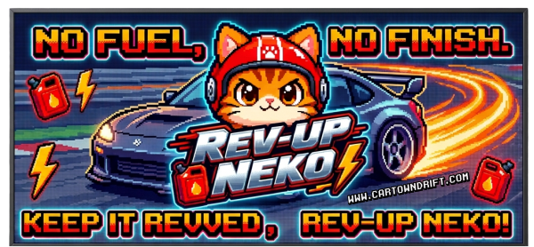 "REV-UP NEKO" and "NO FUEL, NO FINISH"      In CarTown DRIFT ‘REV-UP NEKO’ is the fuel, depot travel stations and energy drinks used in the upcoming game and animated movies. REV-UP NEKO CAT (the corporate mascot of REV-UP NEKO) #revupneko #revupcat