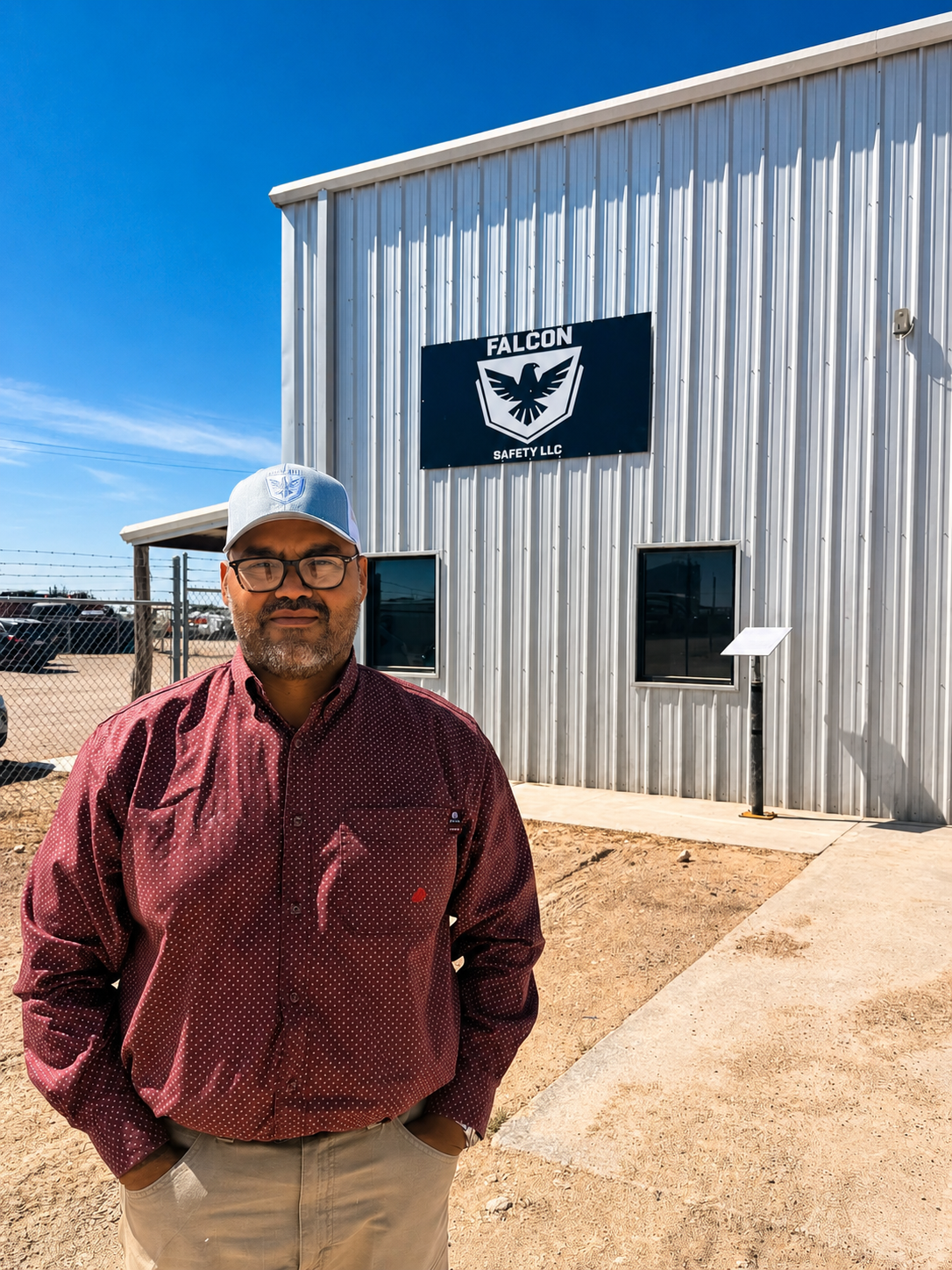 A man wearing glasses, a gray baseball cap, a maroon dotted shirt, and khaki pants standing outdoors in front of a building with a large Falcon Safety LLC sign, under a bright blue sky.
