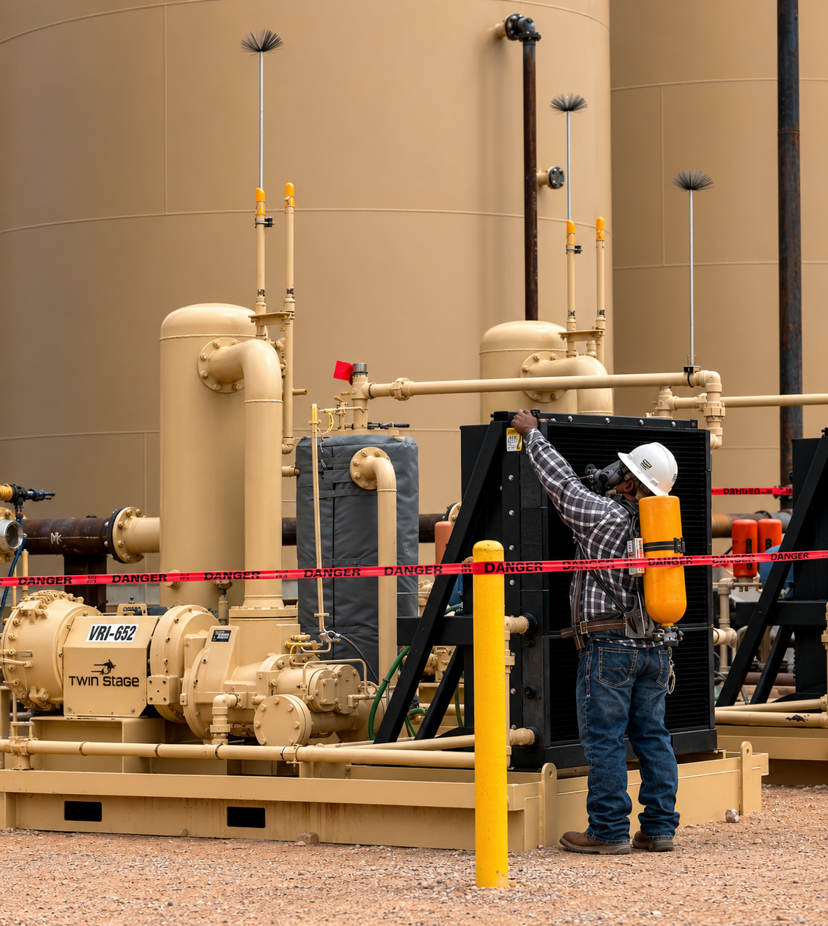 A worker wearing a safety helmet and plaid shirt is inspecting industrial equipment at an outdoor site with large beige tanks, pipes, and machinery, surrounded by red danger tape.
