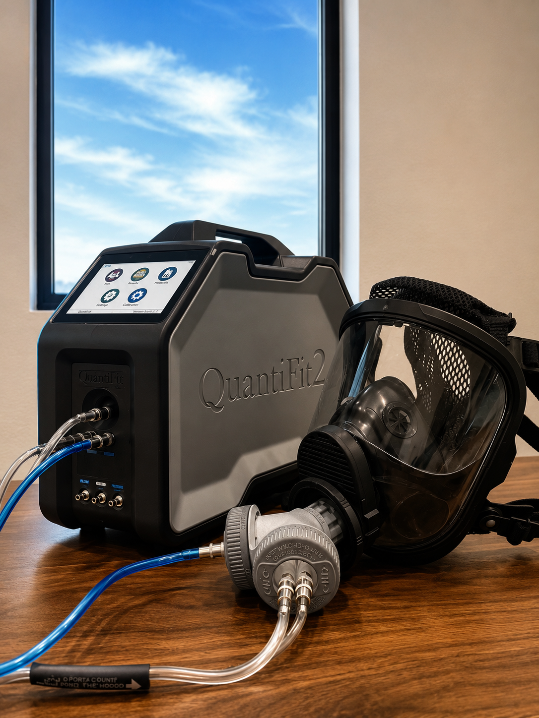 Medical equipment for lung function testing, including a QuantiFit2 device with attached hoses and a mask, on a wooden table near a window.