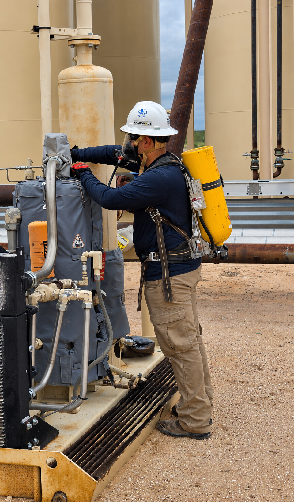 A worker wearing a helmet, safety glasses, and a respirator is working on industrial equipment outdoors. They are adjusting a component on a machine with pipes and tanks, and have a yellow safety device strapped to their back.