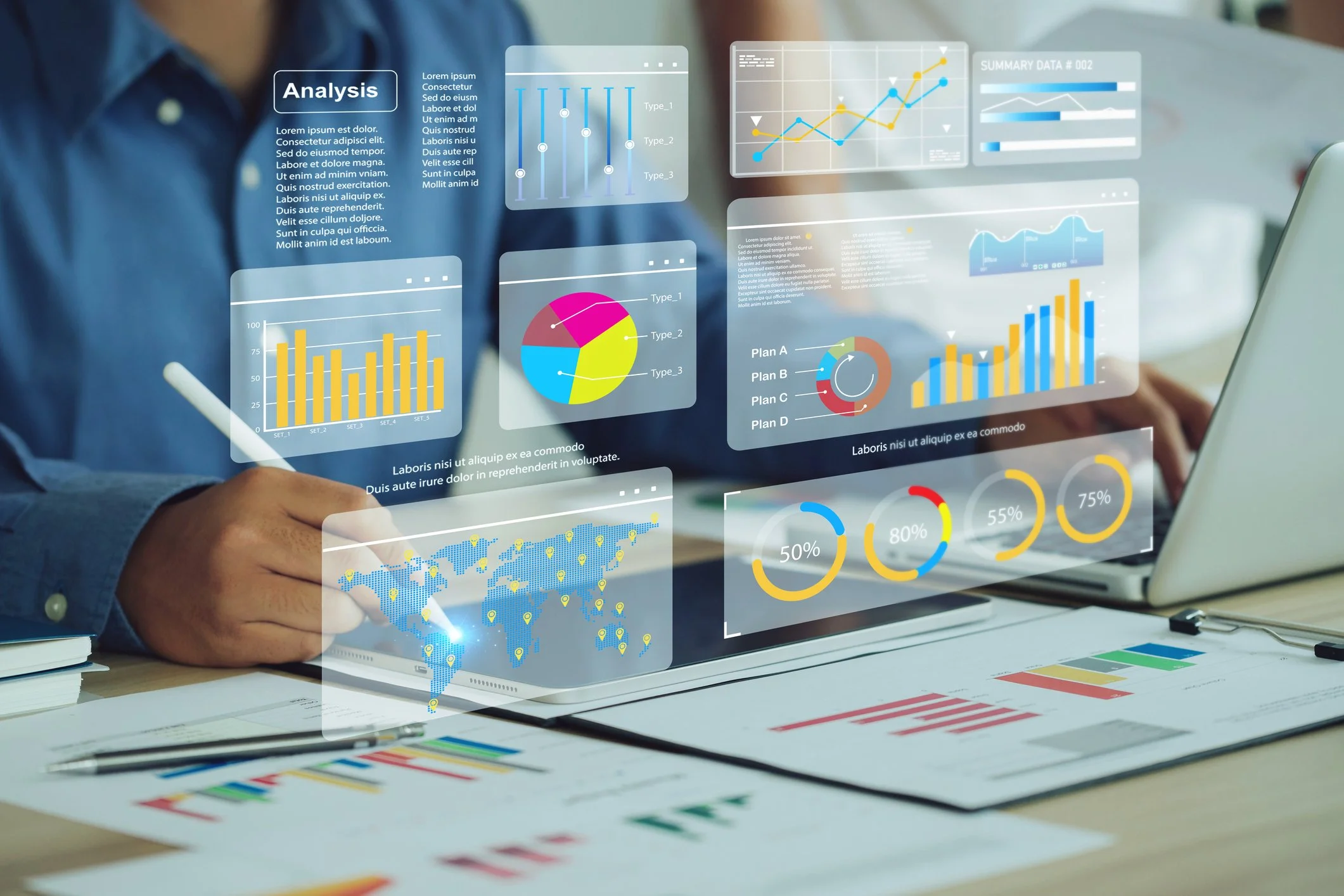 Analyst reviewing business intelligence dashboards and data charts