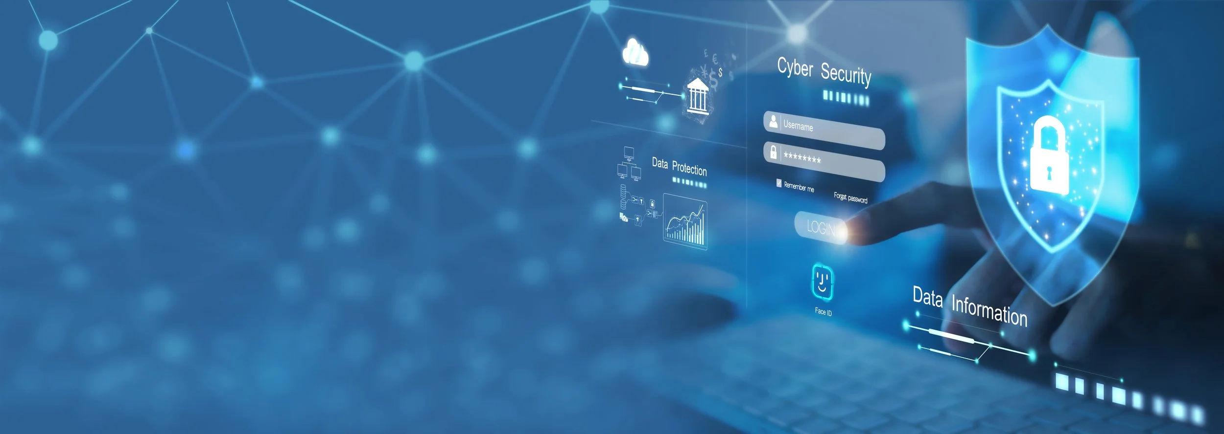 Cybersecurity shield protecting business data and connected systems
