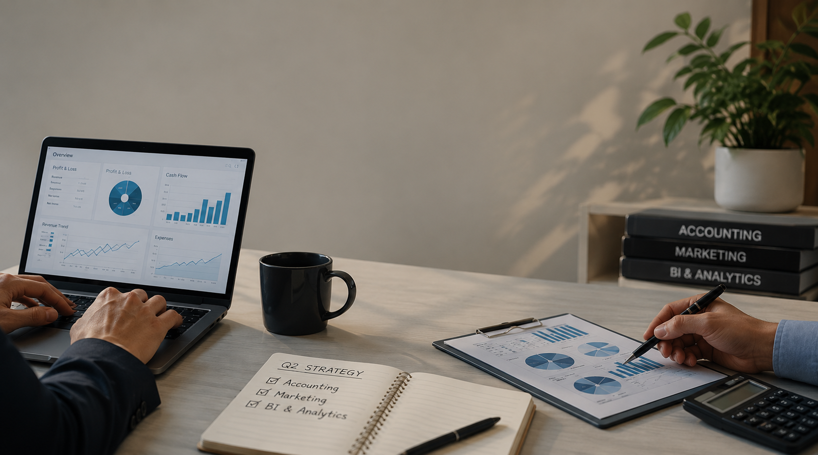 Laptop showing accounting and financial dashboards with books labeled accounting, marketing, and BI analytics