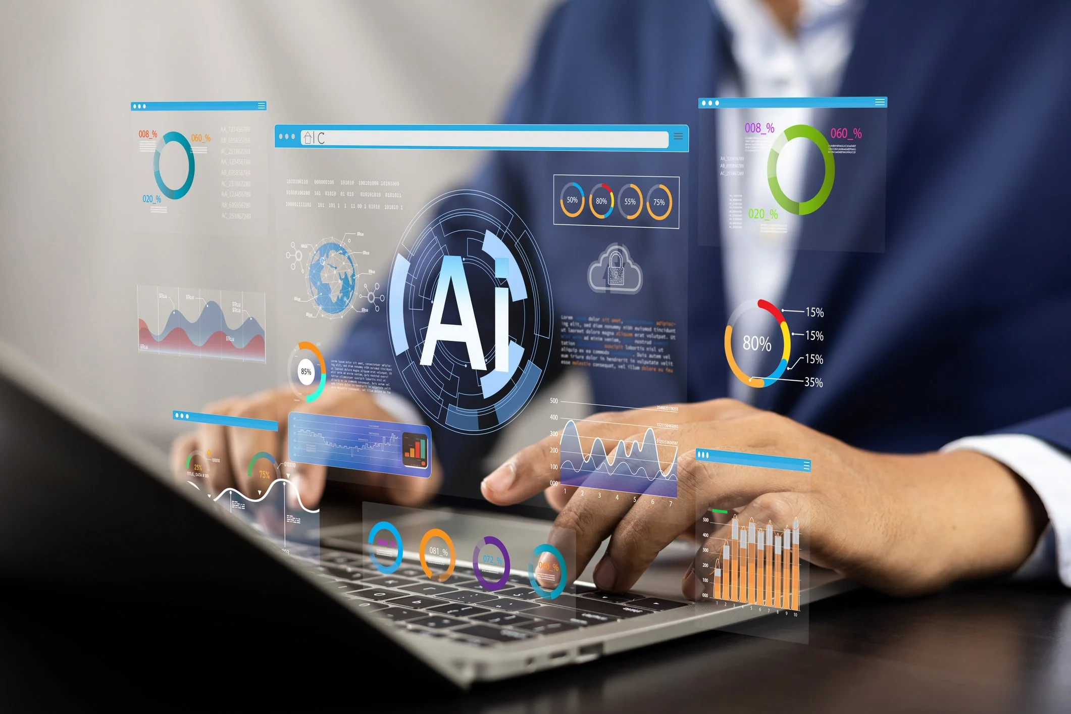 Person using a laptop with AI and data analytics overlay